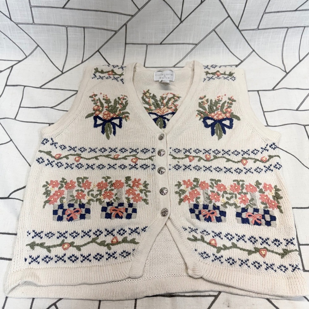 Christopher & Banks Sweater Vest S Cream Floral Hand Embroidered Cottagecore